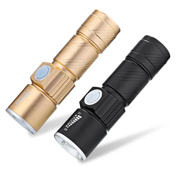 Mini lampe de poche USB torche en alliage daluminium LED torche rechargeable à lumière forte or + noir
