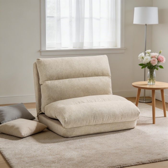 Chaise au sol pliable dossier réglable 6 niveaux assise épaisse fonction lit aspect lin 70x41x56 cm Beige