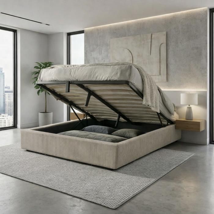 Sommier coffre - SAMPUR - Vegas - 90x190 cm - Velours côtelé gris - Coffre 900 L