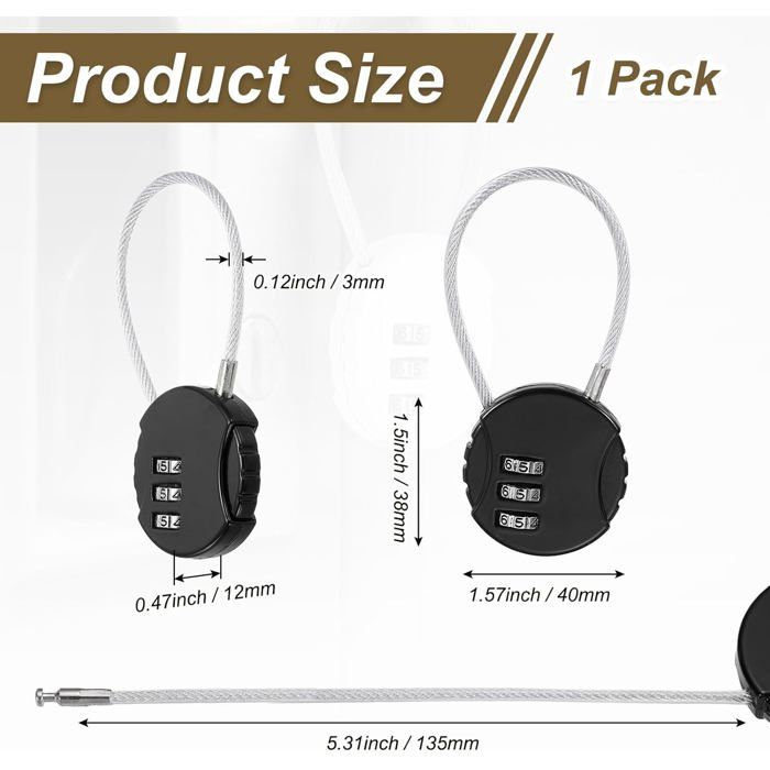 Câble antivol - PZCC - Mini cadenas 3 chiffres - Acier gainé plastique - Cadenas 38 mm - Lot 2