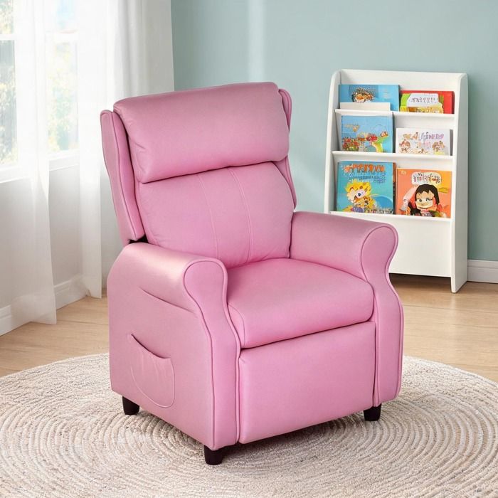Fauteuil relax enfant en lin rose classique avec repose-pieds et dossier inclinable 58 x 53 x 70 cm charge max 65 kg