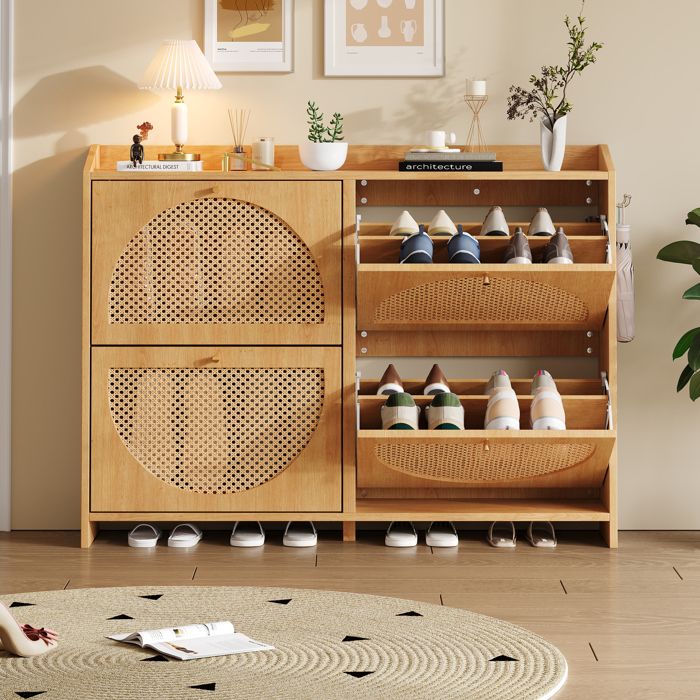 Meuble à chaussures 4 abattants avec 8 compartiments et 2 crochets rangement d’entrée 120 x 24 x 90 cm MDF bois naturel