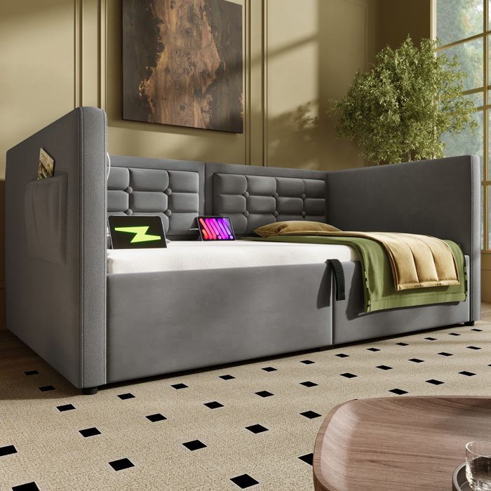 Lit simple 90 x 190 cm rembourré en velours gris avec rangement hydraulique USB-Type-C et sommier à lattes