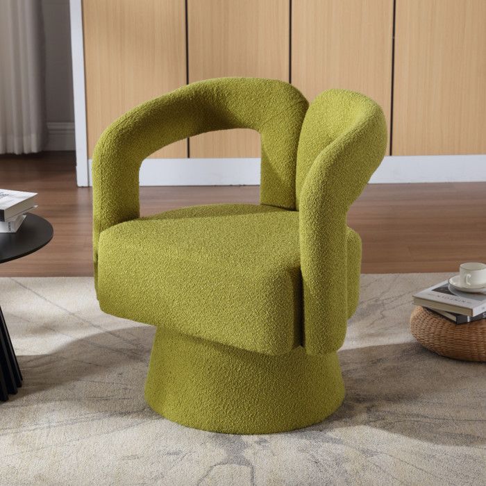 Fauteuil pivotant 360° bouclé vert olive avec accoudoirs intégrés 67 x 55 x 74 cm
