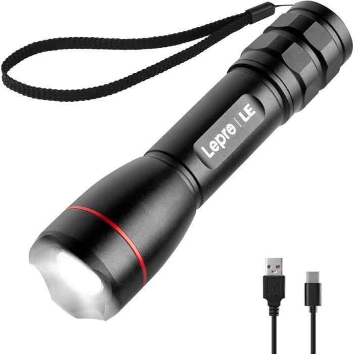 Lepro lampe torche rechargeable 1000 lm 5 modes IPX4 étanche zoomable LED puissante ménage camping randonnée urgence