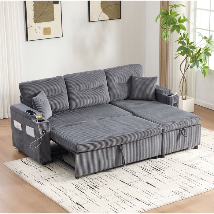 Canapé convertible 3 places avec lit tiroir 2 personnes méridienne rangement USB-C velours côtelé gris ORVRYN