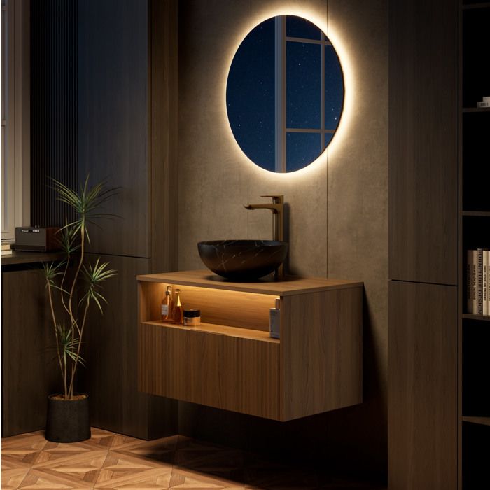 Meuble Vasque Suspendu 80 cm Noir Chene Meuble Design FloraGrace Pour Salle De Bain LED Detecteur 80x46x45cm