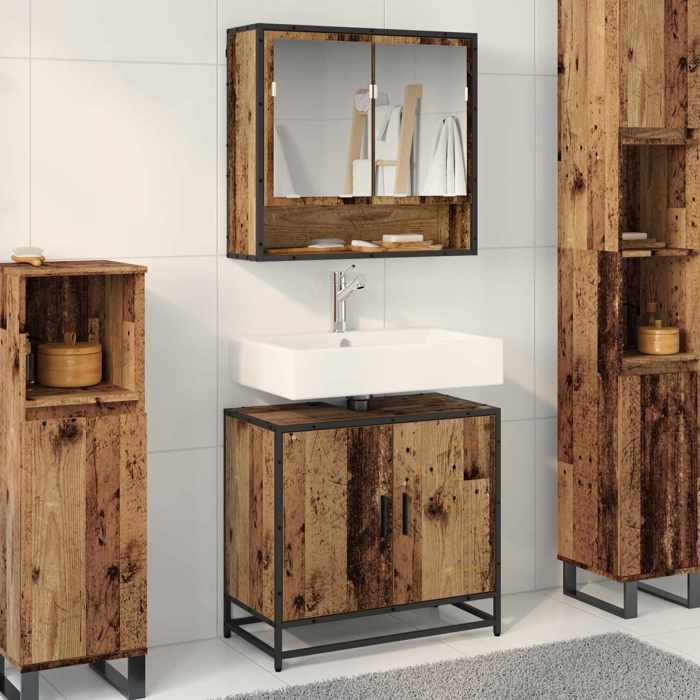 Mobilier de salle de bain (lot de 2) - Grand espace rangement - Bois Ancien 65x33x60 cm D1296