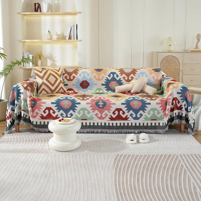 Plaid Canapé Réversible Grande Taille 180x260 cm Jeté Décoratif Franges Géométriques Housse Canapé Salon Doux HOUSSE DE CANAPE