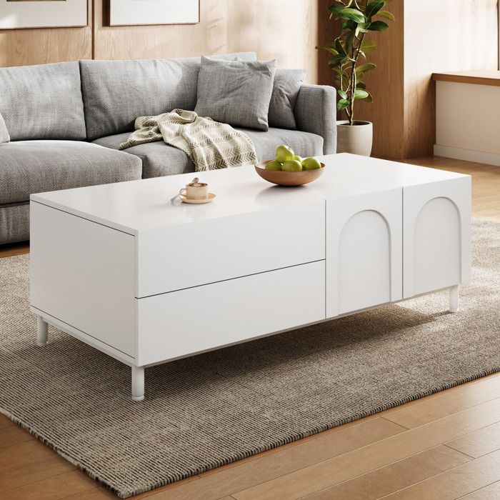 HOMVRA Table basse rectangulaire de rangement 2 tiroirs 2 portes blanc MDF et panneaux de particules