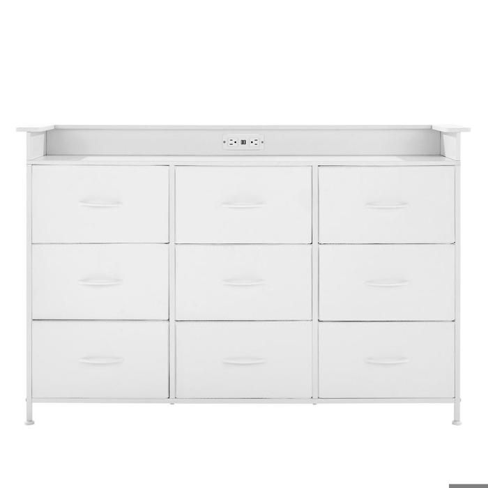 Rangement spacieux commode en tissu 9 tiroirs LED et prises intégrées cadre métal pour chambre et couloir