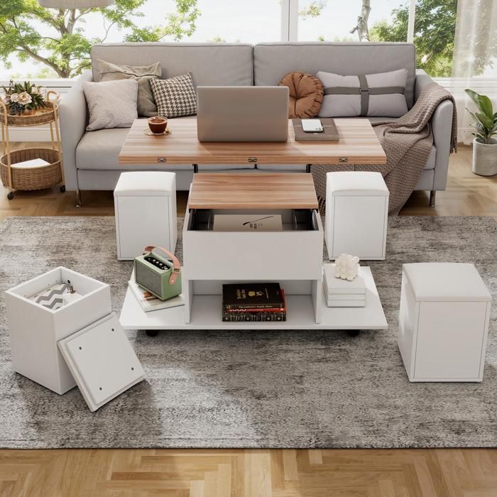 Table Basse Relevable avec 4 Tabouret Table Basse Multifonction 3-en-1 Table de Salon sur Roulettes Plateau Relevable100x50x48cm
