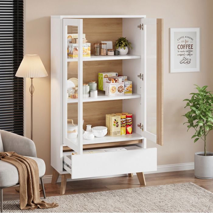 Buffet De Cuisine Blanc Et Aspect Bois Armoire De Rangement FloraGrace Pour Cuisine Et Salon Avec Étagères Réglables 80x40x150cm