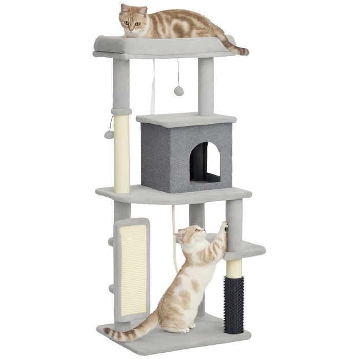 Arbre à chat - tour de jeux pour chats - PawHut - centre dactivités poteaux à griffer en sisal niche lit en peluche - 132cm - gris