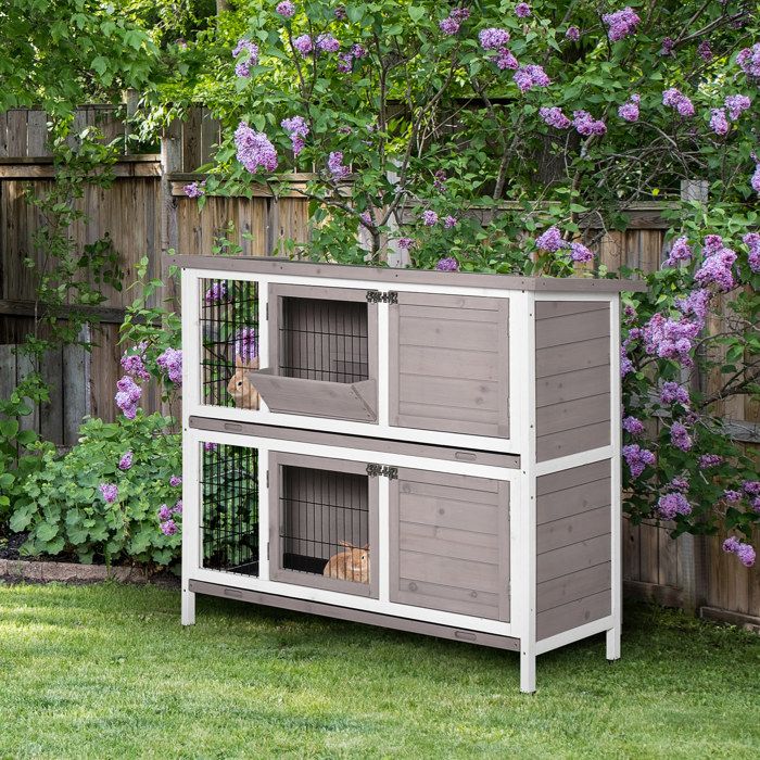 Cage à lapin en bois massif clapier 2 niveaux toit ouvrant avec auge plateaux coulisants 4 portes 122 x 50 x 101 cm gris blanc