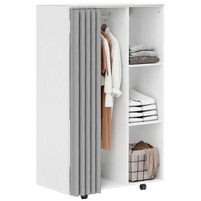 Armoire mobile à 4 roues avec tringle et étagères ouvertes blanche