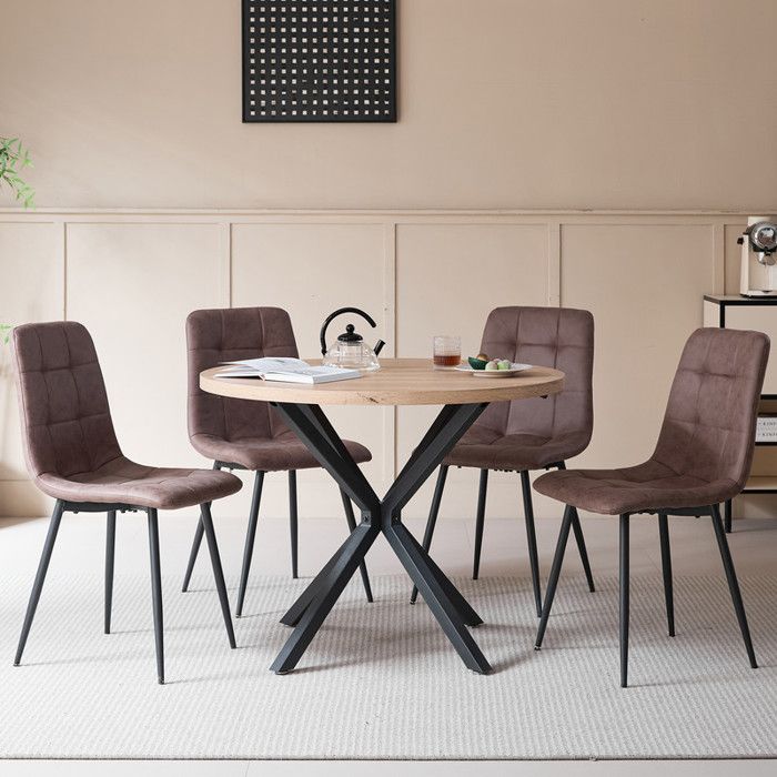 Table et chaises - 4 chaises(brun foncé) - Table ronde bois clair(L100cm) - Table à manger Scandinave - Table de cuisine