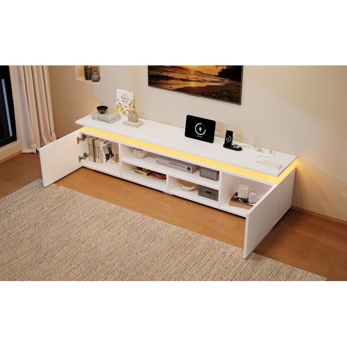 Meuble TV bas 180 cm blanc en MDF avec LED RGB 2 placards et 3 niches