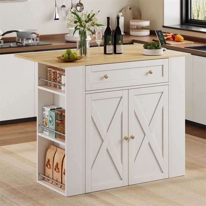 Îlot de cuisine 120 x 47 (75) x 97 cm - Meuble de cuisine avec plan de travail rabattable prises et rangements - Blanc Îlot de cuisine 120 x 47 (75) x 97 cm - Meuble de cuisine avec plan de travail rabattable prises et rangements - Blanc