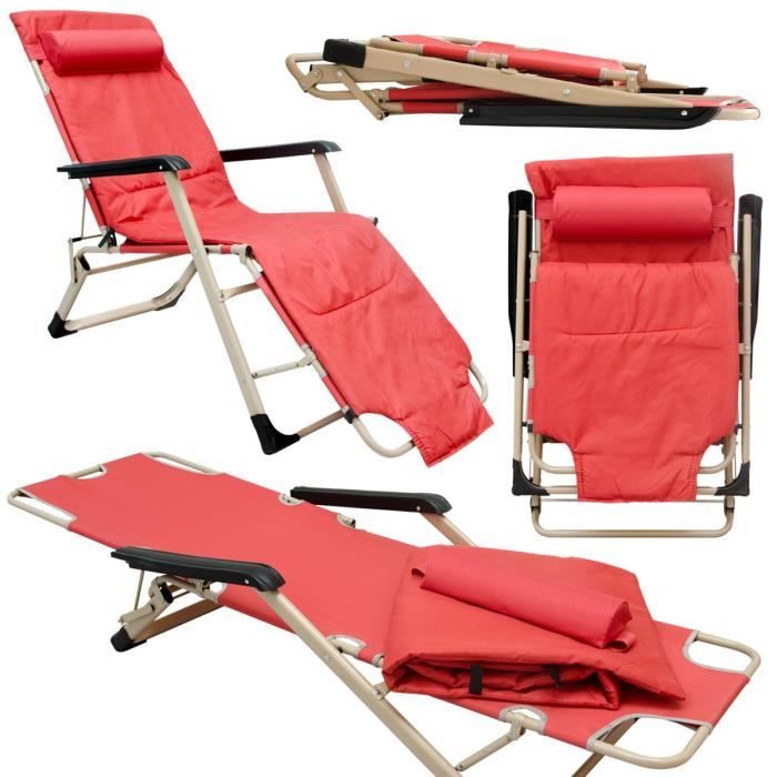 chaise longue pliante | transat 178cm pliant et inclinable | appuie-tête et coussin amovibles | en acier poids supporté 150kg |rouge