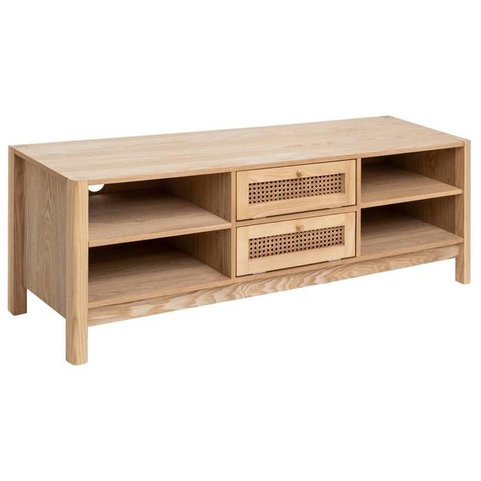 atmosphera meuble tv 2 tiroirs en bois et cannage en rotin 140 x 40 x 50 cm beige cdiscount maison
