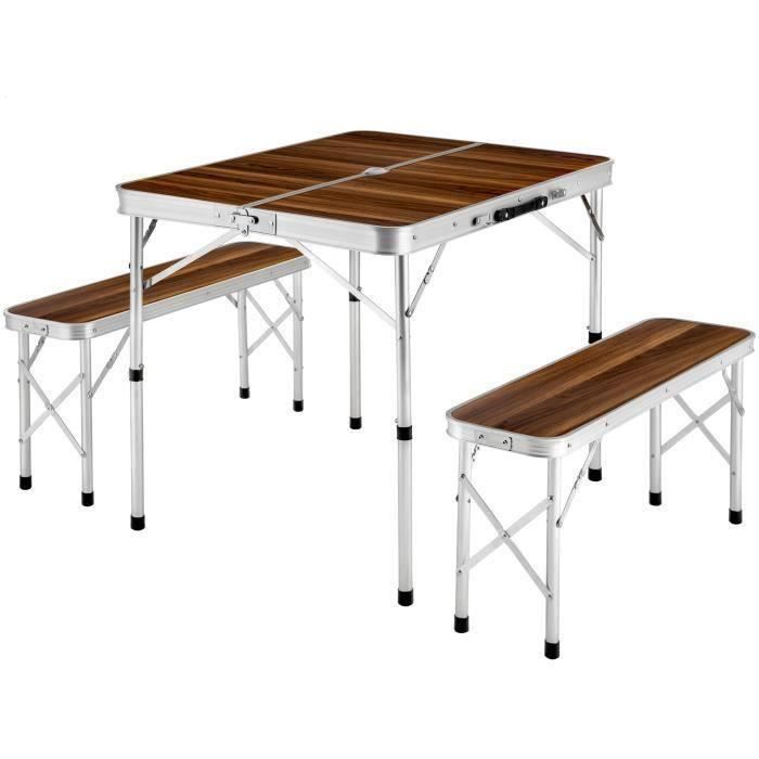 YYIS Ensemble Table Pliante Valise avec 2 bancs Portable Aluminium - Dimensions replié 90 cm x 60 cm x 70,5 cm