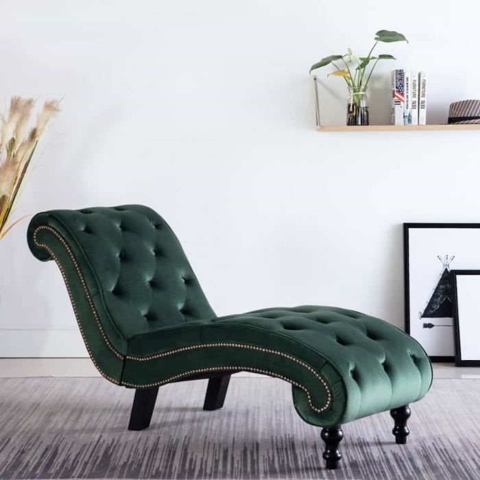 Chaise longue - Dex - Velours Vert - Confort ultime - Design ergonomique - 145 x 52 x 77 cm