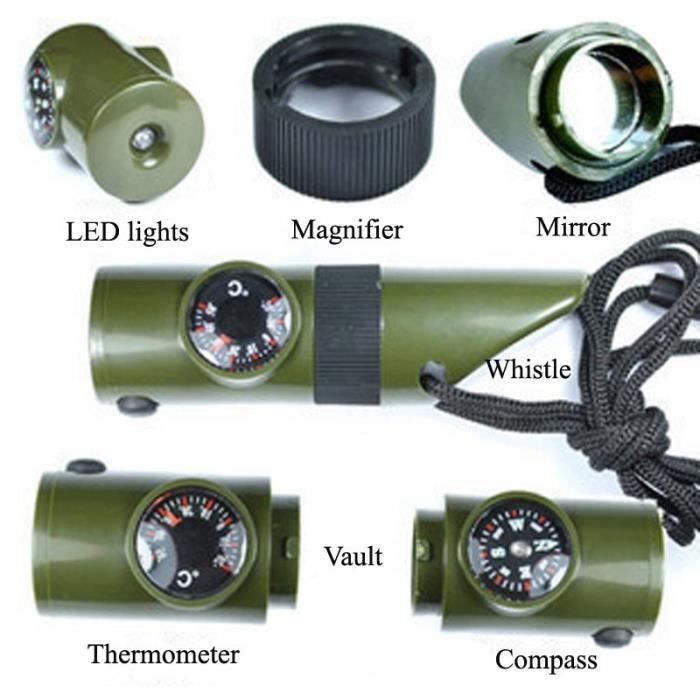 EDC Boussole Sifflet thermomètre loupe 4 en 1 Survie d/'urgence Camping
