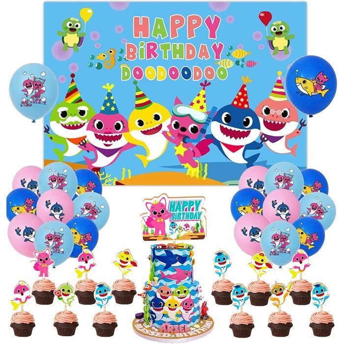 Kit Décoration Anniversaire Thème Bébé Requin - Complet Avec Bannière, Ballons, Décoration Gâteau - Pour Fête Enfant