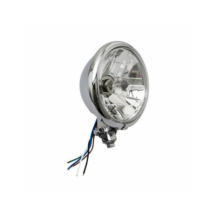Phare-optique moto avoc vintage diam 130 mm cuvelage optique lisse lampe h4 60-55w + feu de position chrome (homologue e)