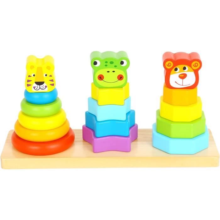 Tour De Blocs En Bois Jeu Enfant 3 Ans - 54 Blocs Animaux Colorés, Dés, Cartes, Jeu D'adresse Familial éducatif 3 à 9 Ans