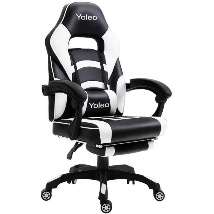 Yoleo Fauteuil De Bureau Gamer Chaise De Bureau Dossier Inclinable 135 Rotation 360 Blanc Et Noir En Pu Prix Pas Cher Cdiscount