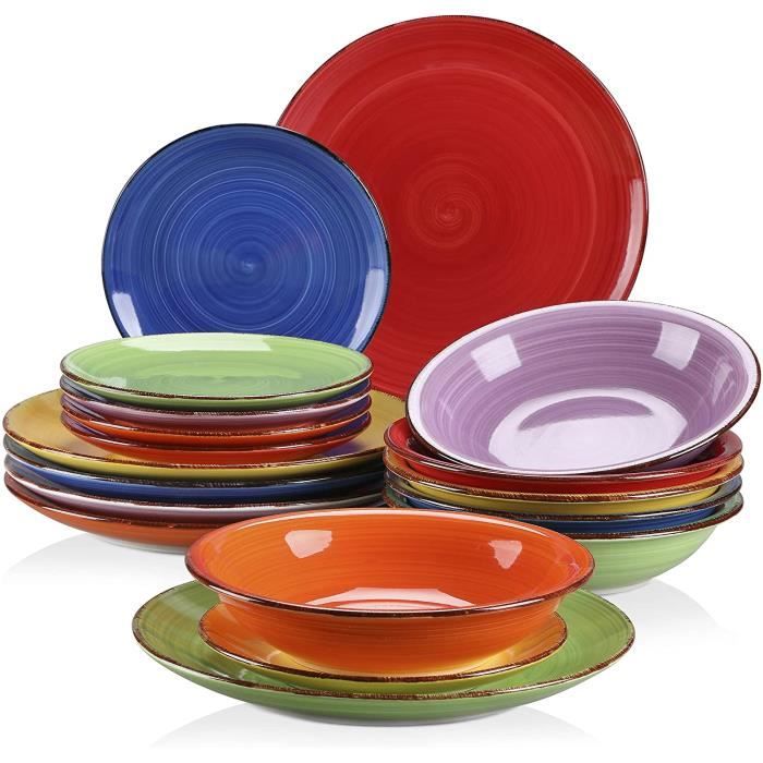 vancasso, Série Bonita, Service de Table Complet en Céramique, 18 Pièces Assiettes, Style Minimaliste Multicoloré-Bleu et Orange