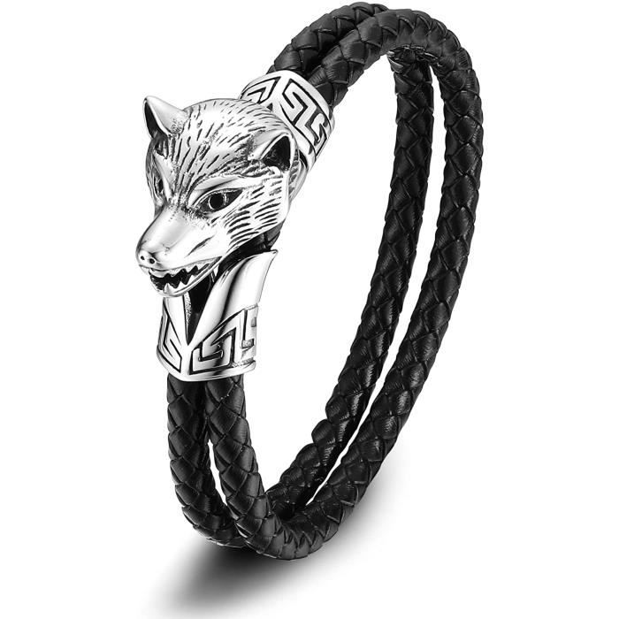 Bracelet Viking Tête de Loup Acier Inoxydable haute qualité 