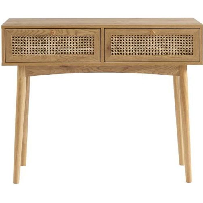 Console - BAÏTA - Gamme INES - Effet chêne et cannage rotin - L 100 x P 35 x H 80 cm