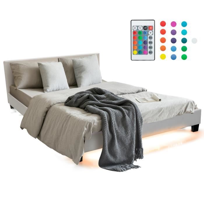 costway lit double pour adulte avec sommier 140 x 200 cm - led de 16 couleurs 4 modes dynamiques en simili cuir
