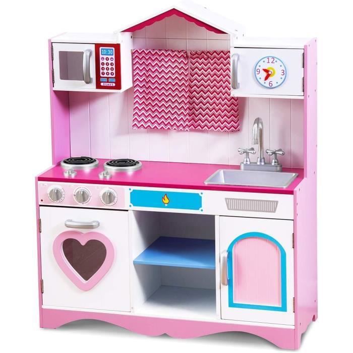 COSTWAY Cuisine Enfant en Bois avec Effet Sonore & 7 Accessoires, Jeu de Cuisine Rose avec Micro-Ondes & Évier & Robinet, Armoire, Étagère, Jeu d'Imitation pour Enfants de 3 Ans