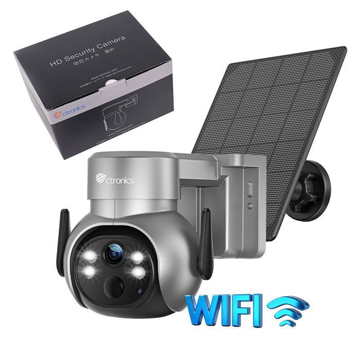 Ctronics 2K Caméra de surveillance solaire WiFi Détection humaine PIR Vision Nocturne Couleur Audio Bidirectionnel IP66