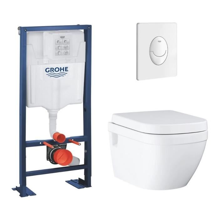 Pack WC suspendu sans bride Grohe Euro Ceramic abattant plaque
