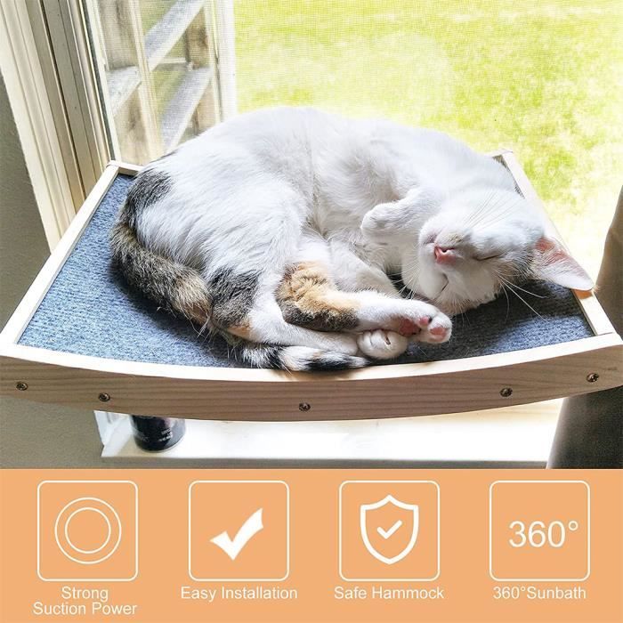 Meilleurs prix pour Lit de Siège de Fenêtre Chat, hamac de fenêtre semi-espace avec cadre en bois massif, support en fer et ventouses robustes HUOLE