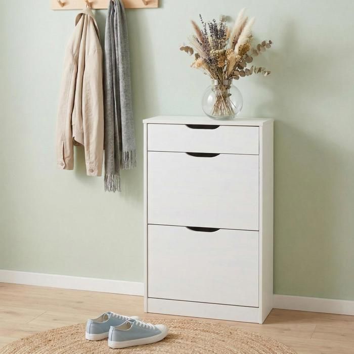 Meubles à chaussures BASIL rangement armoire avec 2 abattants et 1 tiroir en pin massif lasuré blanc