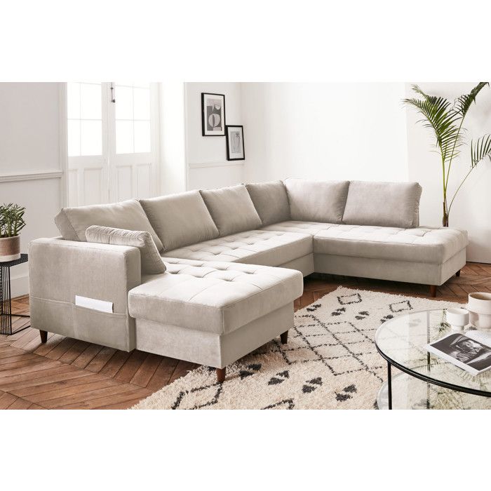 Anna - canapé panoramique dangle droit - 7 places - convertible avec coffre - en velours - Beige