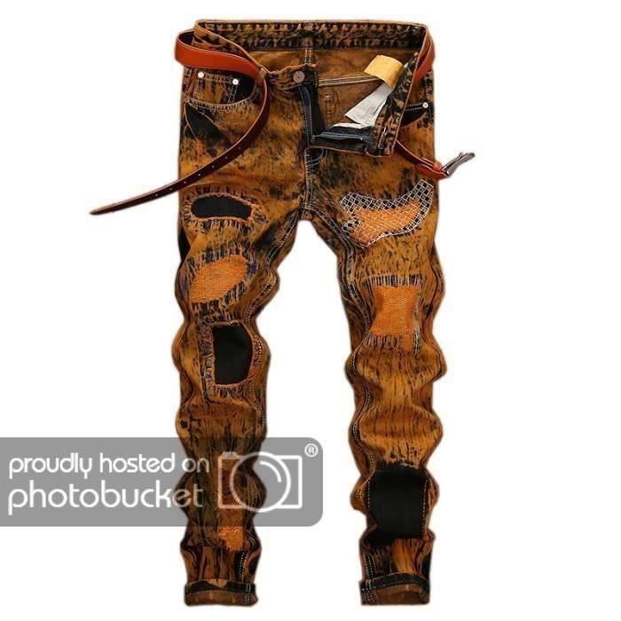 Jeans Homme jaune FUNMOON Jeans retro trou Slim Taille standard Bleu Cdiscount Pret a Porter