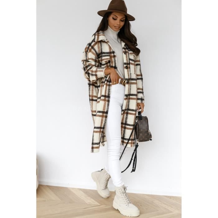 Femme Veste a Carreaux Oversize Manches Longues Manteau Chaud Chic avec Bouton Decontracte Cardigan Casual Marron Marron Cdiscount Pret a Porter