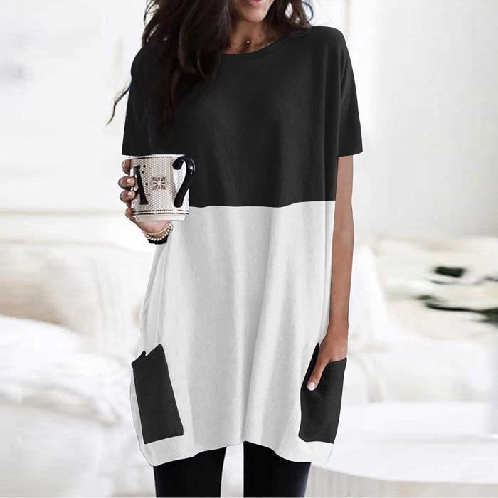 Robe T-shirt Femme FTCayanz - Lin Coton Manches Courtes - Tunique Ample Avec Poches - Été Casual