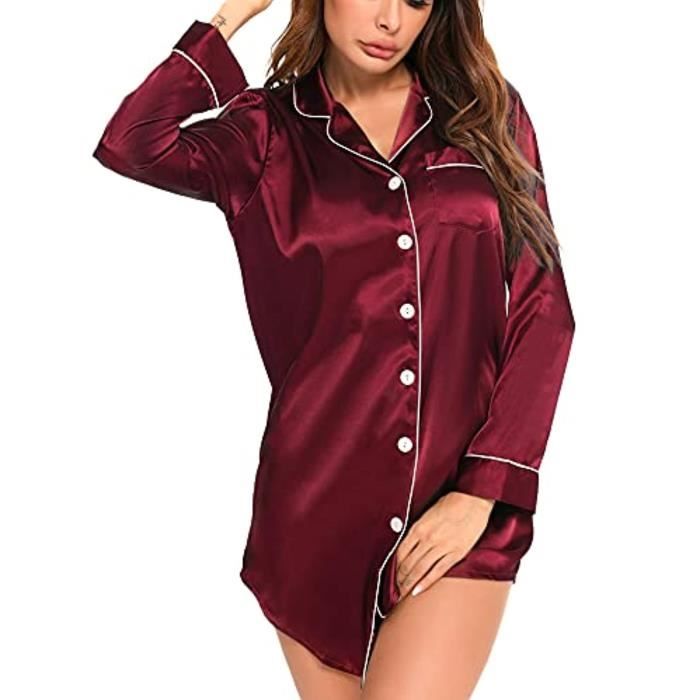 Soutien Gorge Chemise de nuit en satin chemise de nuit boutonnee hauts de pyjama vetements de nuit a manches longues chemise de nuit Rouge Cdiscount Pret a Porter