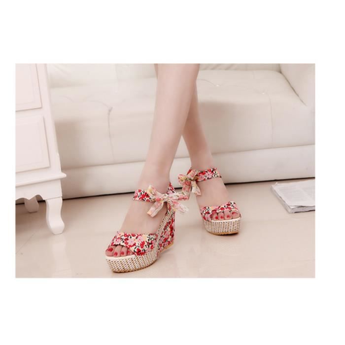 Sandales Compens es t Femme Rouge Lacets Talon Compens 5cm