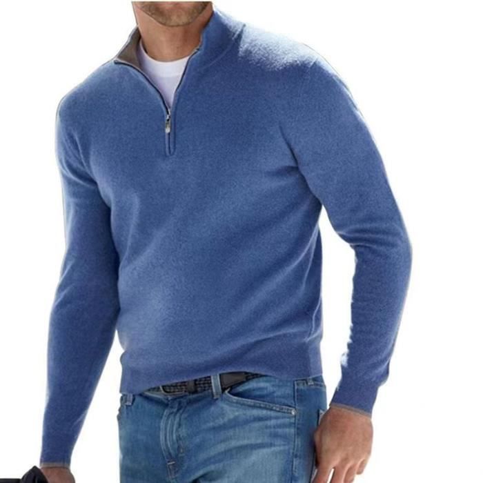 T-Shirt Homme, Tee Shirt Casual, Col Arrondi Manche longue,Couleur unie Polo Homme Zipper Bleu