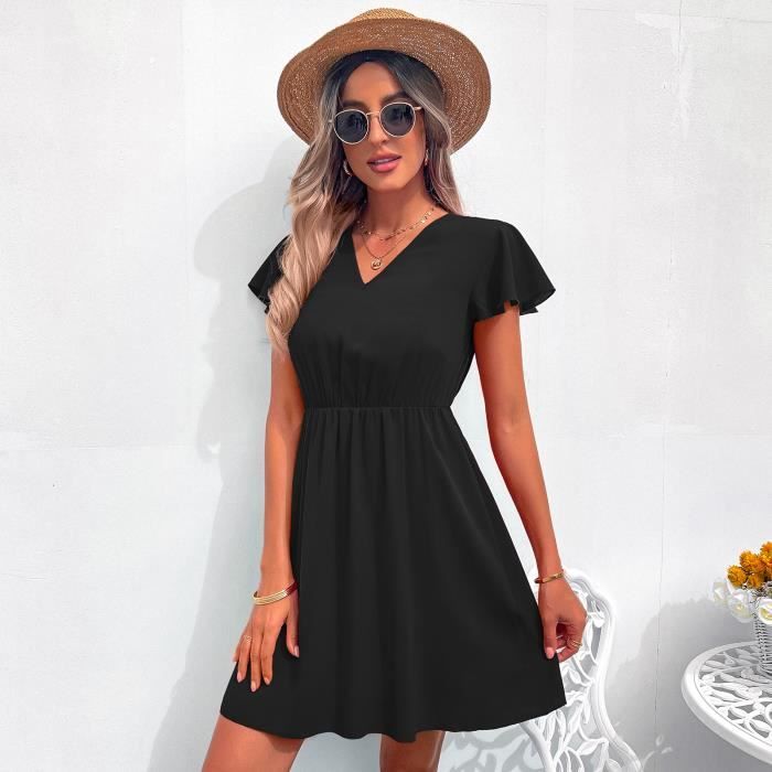 Robe femme cool Sexy V-Neck Ruffle Backless Tie Solide Manches Courtes ...
