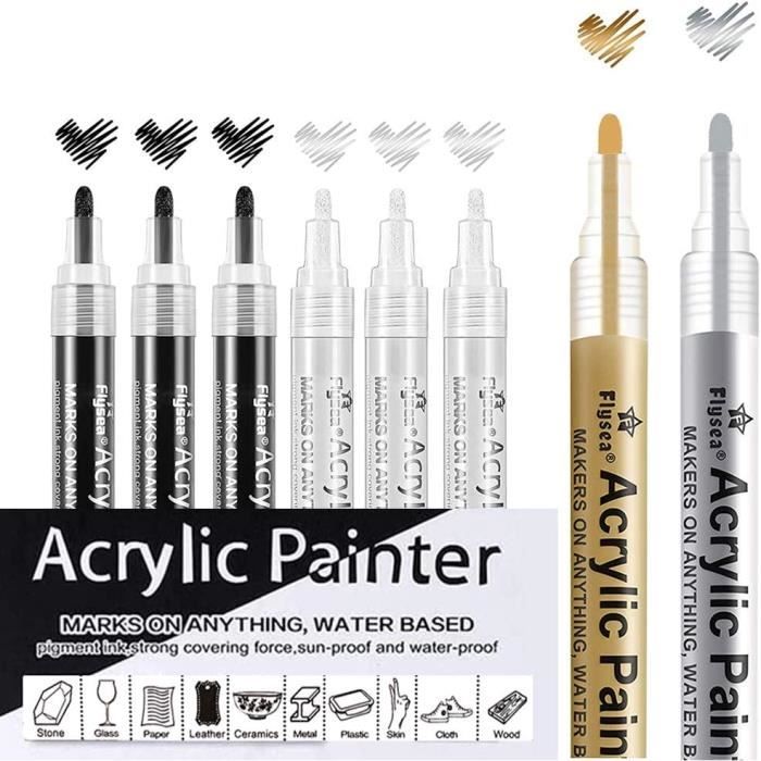 6 Feutres Acrylique Noir & Blanc Pointe Fine 0.7 Mm - Marqueurs Permanents Pour Toile, Pierre, Verre
